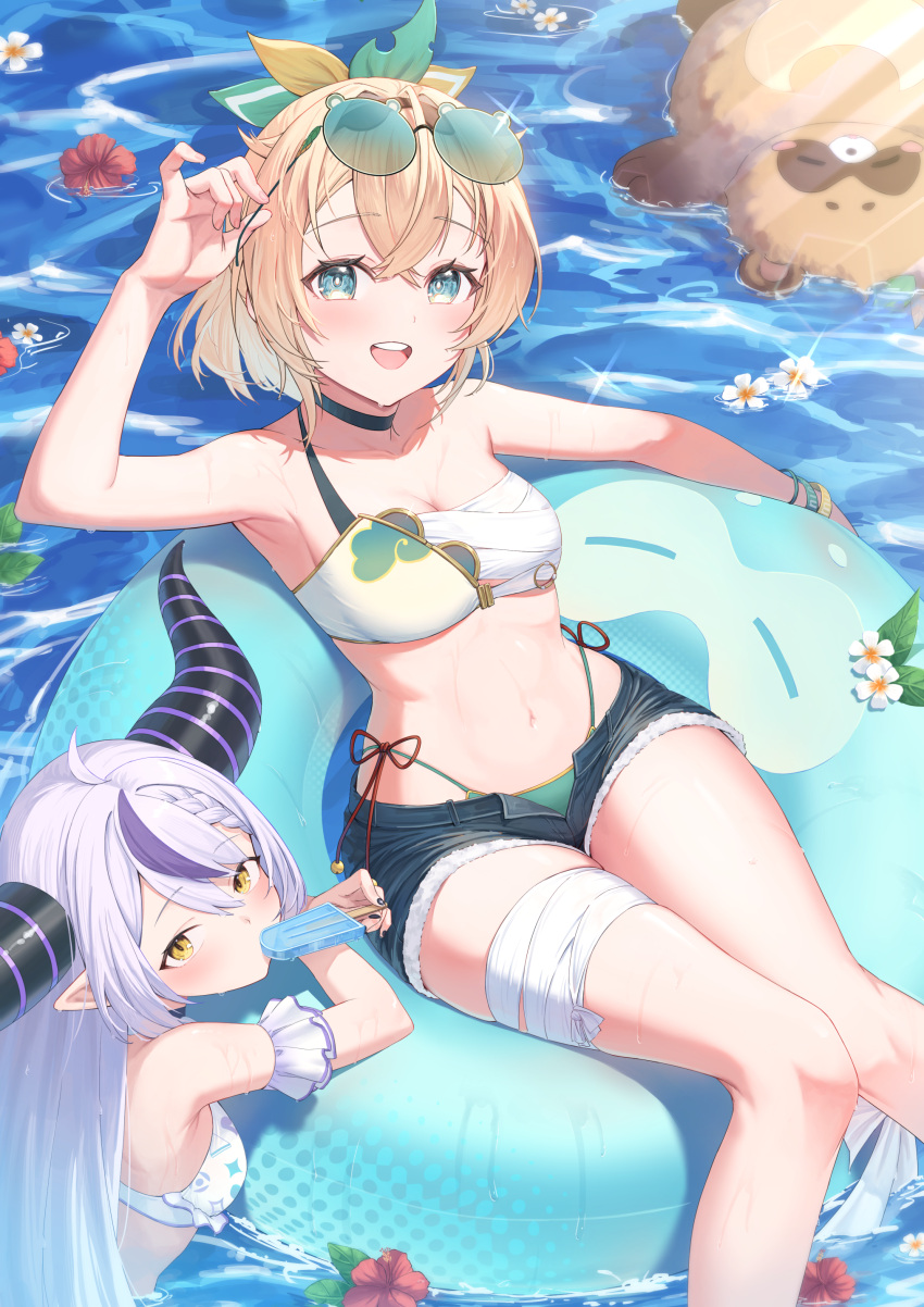 2girls absurdres aqua-framed_eyewear aqua_eyes bandaged_arm bandaged_chest bandages bare_legs bikini bikini_top_only black_shorts blonde_hair blush breasts demon_horns eyewear_on_head food food_in_mouth hair_ornament highres hololive horns innertube kazama_iroha la+_darknesss long_hair medium_breasts medium_hair midriff multicolored_hair multiple_girls navel open_mouth pointy_ears popsicle popsicle_in_mouth purple_hair shorts stomach swim_ring swimsuit tsubasasekai virtual_youtuber white_bikini yellow_eyes