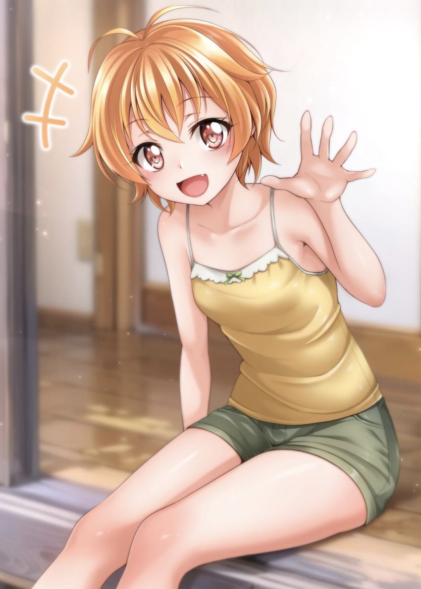 :d absurdres antenna_hair bang_dream! breasts camisole collarbone commentary_request female green_shorts highres indoors kitazawa_hagumi open_mouth orange_hair red_eyes short_hair shorts sitting sleeveless small_breasts smile solo tina_(pixiv37050289) waving yellow_camisole