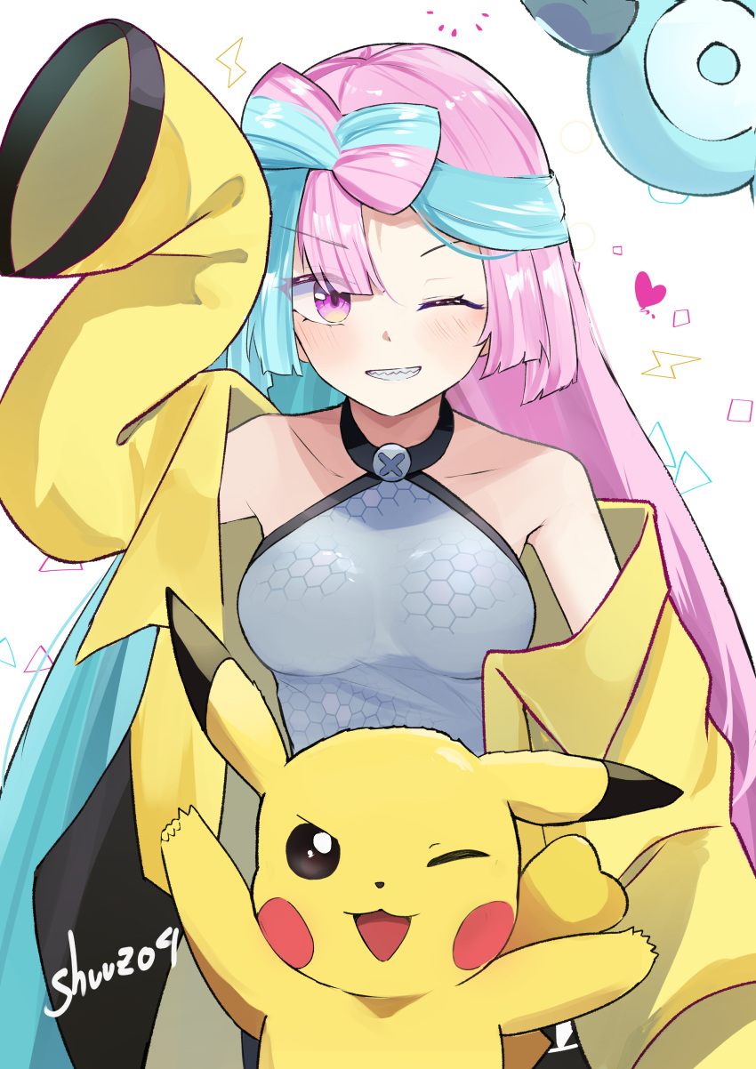 absurdres arm_up blush bow-shaped_hair breasts collarbone commentary english_commentary female grey_shirt grin happy heart highres iono_(pokemon) jacket long_hair looking_at_viewer multicolored_hair one_eye_closed open_clothes open_jacket pikachu pokemon pokemon_(creature) pokemon_sv shirt shuuzo3 signature sleeveless sleeveless_shirt sleeves_past_fingers sleeves_past_wrists smile teeth two-tone_hair white_background yellow_jacket