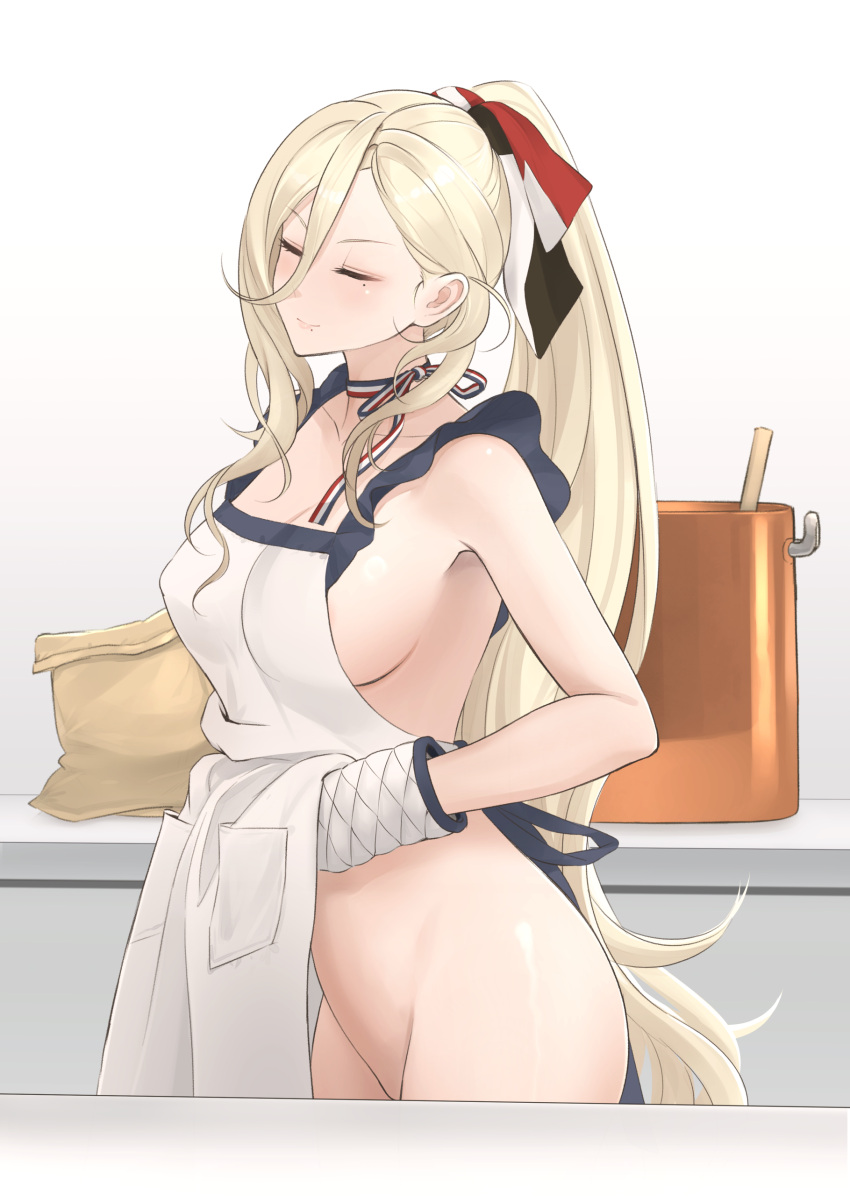 absurdres alternate_costume apron blonde_hair breasts closed_eyes female hair_between_eyes highres kantai_collection kitchen large_breasts long_hair mole mole_under_eye mole_under_mouth naked_apron odachu oven_mitts ponytail richelieu_(kancolle) richelieu_deux_(kancolle) sideboob smile solo standing very_long_hair white_apron