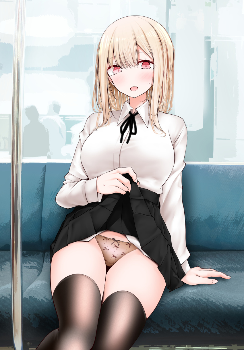 :d black_ribbon black_skirt black_thighhighs blonde_hair blush bow bow_panties bow_print breasts clothes_lift collared_shirt commentary_request exhibitionism female flashing highres large_breasts lifting_own_clothes long_hair long_sleeves looking_at_viewer neck_ribbon oouso open_mouth original panties pleated_skirt print_panties public_indecency red_eyes ribbon school_uniform shirt sitting skirt skirt_lift smile solo thighhighs tongue train_interior underwear white_shirt