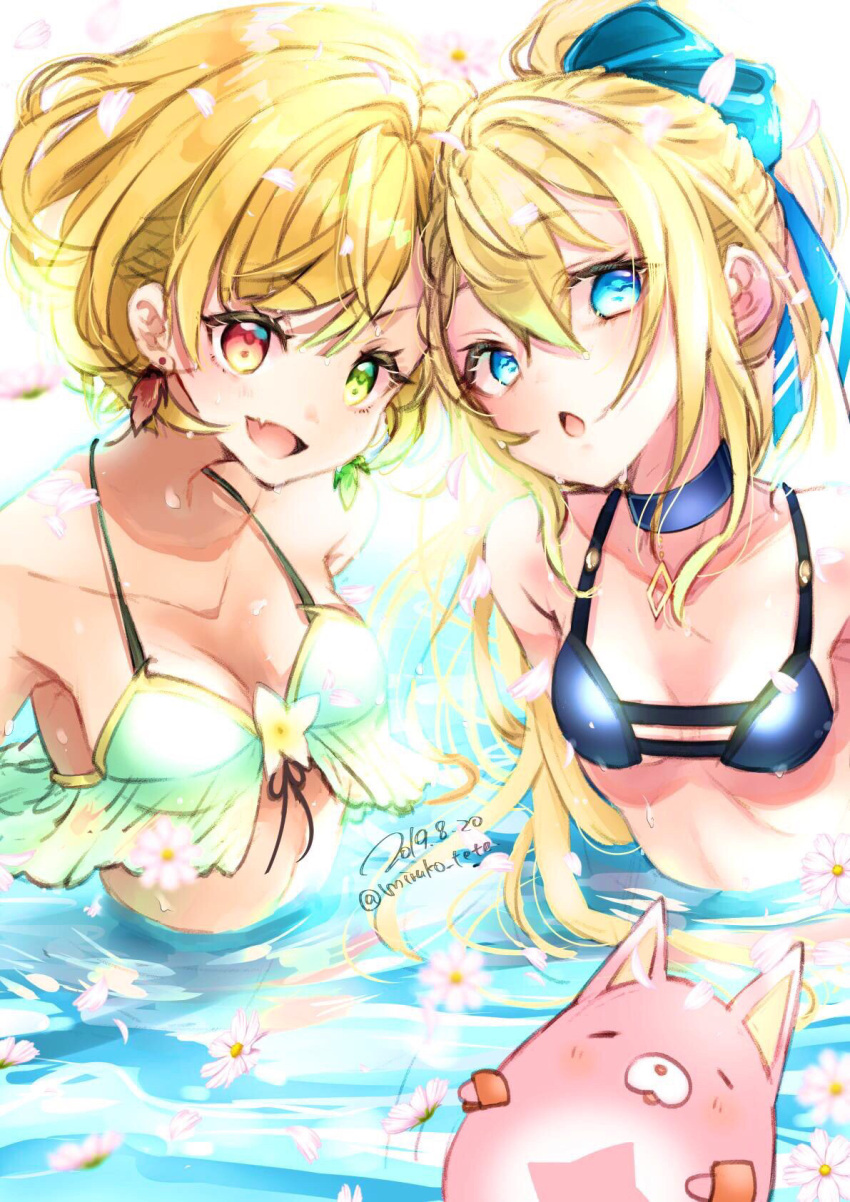 2girls bikini blonde_hair blue_eyes breasts charlotte_(shironeko_project) choker earrings green_eyes heterochromia highres hoshi_tanuki_(shironeko_project) jewelry miruko_tete multiple_girls open_mouth petals ponytail red_eyes riltet_(shironeko_project) shironeko_project small_breasts star_(symbol) swimsuit