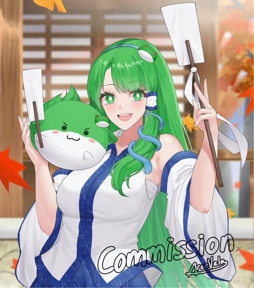 :d aroevela autumn_leaves breasts chest_sarashi commentary commission creature detached_sleeves female frog_hair_ornament gohei green_eyes green_hair hair_ornament hair_tubes hands_up highres holding holding_creature holding_gohei kochiya_sanae large_breasts long_hair long_sleeves looking_at_viewer nontraditional_miko open_mouth outdoors sarashi shirt shrine sidelocks skirt sleeveless sleeveless_shirt smile snake_hair_ornament solo straight_hair sukusuku_hakutaku symbol-only_commentary teeth touhou upper_body upper_teeth_only white_shirt white_skirt white_sleeves wide_sleeves