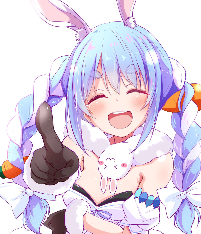 animal_ear_fluff animal_ears armpit_crease black_gloves black_leotard blue_hair blush bow braid breasts carrot_hair_ornament closed_eyes commentary don-chan_(usada_pekora) dress facing_viewer female food-themed_hair_ornament fur-trimmed_gloves fur_scarf fur_trim gloves hair_ornament hair_ribbon hairbow highres hololive leotard light_blue_hair long_hair multicolored_hair nanaume_(shichimi_tougarashi) off-shoulder_dress off_shoulder open_mouth playboy_bunny pointing pointing_at_viewer rabbit_ears ribbon simple_background small_breasts smile solo thick_eyebrows tress_ribbon twin_braids twintails two-tone_hair upper_body usada_pekora usada_pekora_(1st_costume) virtual_youtuber white_background white_bow white_dress white_hair