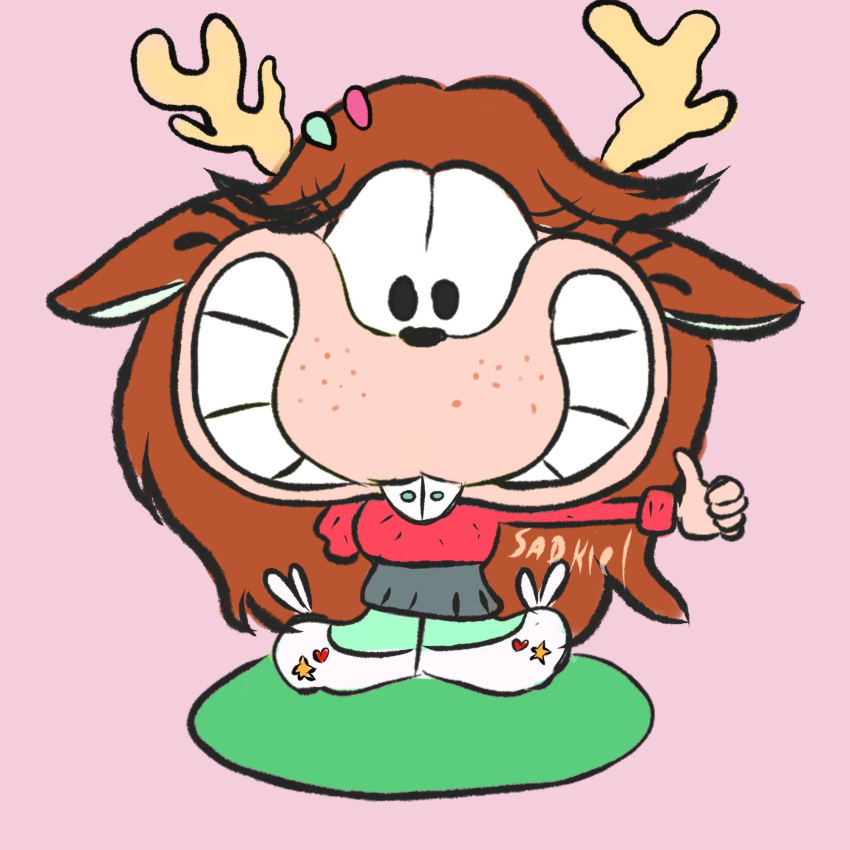 1:1 anthro antlers braces brown_hair buckteeth clothing deer female footwear freckles gaturro gaturro_(series) hair hi_res horn looking_at_viewer mammal pink_background renita_reed_(character) sadkiel simple_background smile solo teeth white_clothing white_footwear