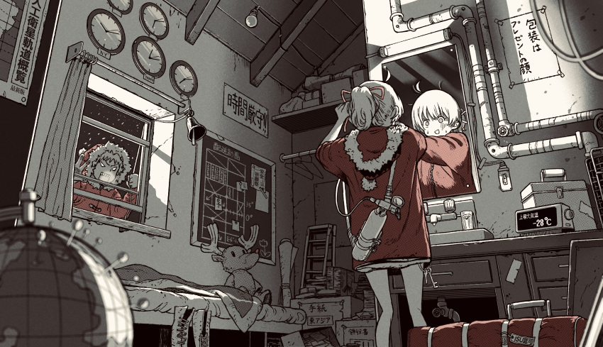 2girls absurdres adjusting_hair ahoge angry bed bell blueprint_(object) bow christmas clock commentary_request condensation crack cracked_wall curtains gas_tank globe greyscale hairbow hand_on_window highres industrial_pipe key keyring ladder light_bulb messy_room mirror monochrome multiple_girls needle o_o omao original ponytail reflection rudolph_the_red_nosed_reindeer santa_claus santa_costume scenery shouting spot_color stuffed_animal stuffed_toy teeth v-shaped_eyebrows window window_fog