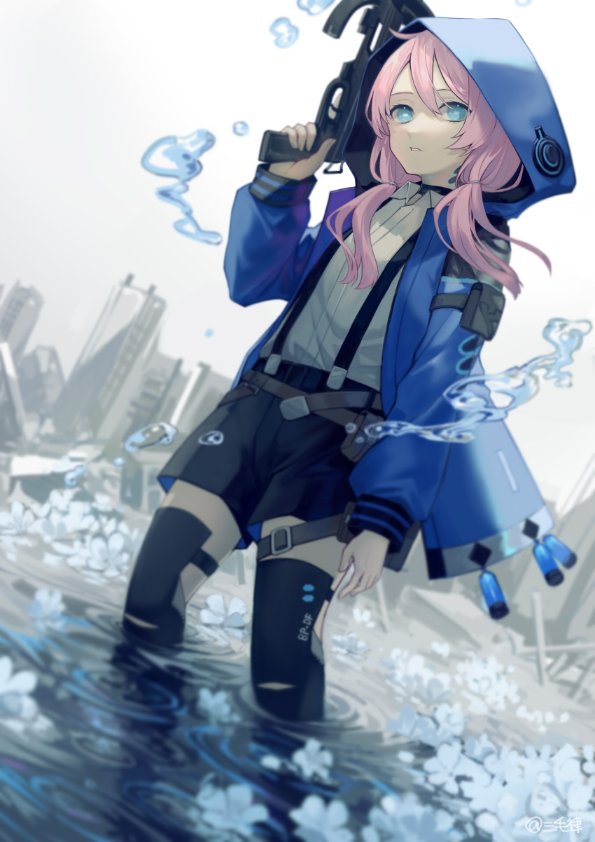 absurdres arknights black_shirt black_shorts blue_eyes blue_jacket blue_poison_(arknights) blue_poison_(elite_ii)_(arknights) cityscape collared_shirt commentary crossbow female flower highres holding holding_crossbow holding_weapon hood hooded_jacket jacket long_hair long_sleeves looking_at_viewer low_twintails miike_(992058) open_clothes open_jacket parted_lips pink_hair ripples shirt shorts solo standing suspender_shorts suspenders thighhighs trigger_discipline twintails wading water weapon white_flower white_shirt