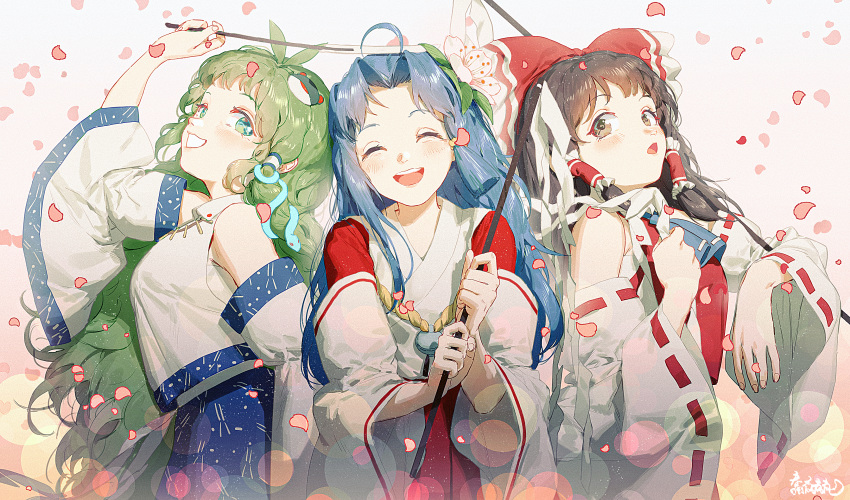 3girls :d ^_^ absurdres arm_up bad_id bad_pixiv_id bare_shoulders blue_hair blue_neckwear blue_skirt blurry blush bokeh bow breasts brown_eyes brown_hair carrying_over_shoulder cherry_blossoms chestnut_mouth closed_eyes collared_shirt commentary_request congming_lan depth_of_field detached_sleeves elegant_impermanence_of_sakura facing_viewer flag flower frilled_bow frills frog_hair_ornament gohei gradient_background green_eyes green_hair hair_flower hair_ornament hair_tubes hairbow hakurei_reimu highres japanese_clothes jewelry jinguuji_inori kochiya_sanae long_hair long_skirt long_sleeves looking_at_viewer medium_breasts multiple_girls nontraditional_miko open_mouth parted_bangs parted_lips pendant petals red_bow red_shirt ribbon-trimmed_sleeves ribbon_trim rope shirt side-by-side skirt smile snake_hair_ornament touhou very_long_hair white_shirt wide_sleeves