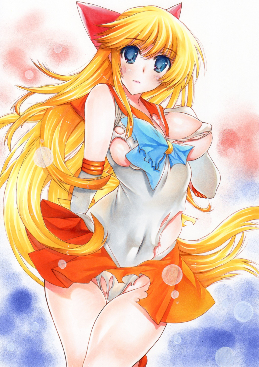 absurdres aino_minako bishoujo_senshi_sailor_moon blonde_hair blue_eyes bow breasts choker covered_navel elbow_gloves female gloves highres jewelry long_hair looking_at_viewer magical_girl marker_(medium) navel orange_choker orange_sailor_collar orange_skirt red_bow rozarin sailor_collar sailor_senshi_uniform sailor_venus skirt solo strappy_heels torn_clothes traditional_media white_background white_gloves