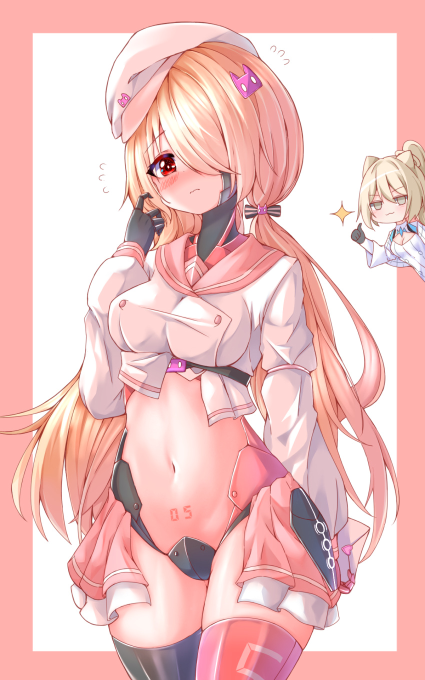 2girls alternate_costume bad_id bad_pixiv_id blonde_hair breasts cowboy_shot crop_top embarrassed hand_up hat highres ling_yi_i long_hair looking_at_viewer low_twintails medium_breasts miniskirt multiple_girls navel nemesis_(tower_of_fantasy) pleated_skirt prosthesis prosthetic_hand red_eyes sailor_collar school_uniform serafuku shelly_(tower_of_fantasy) shirt showgirl_skirt skirt solo_focus stomach thighhighs tower_of_fantasy twintails very_long_hair white_headwear white_shirt