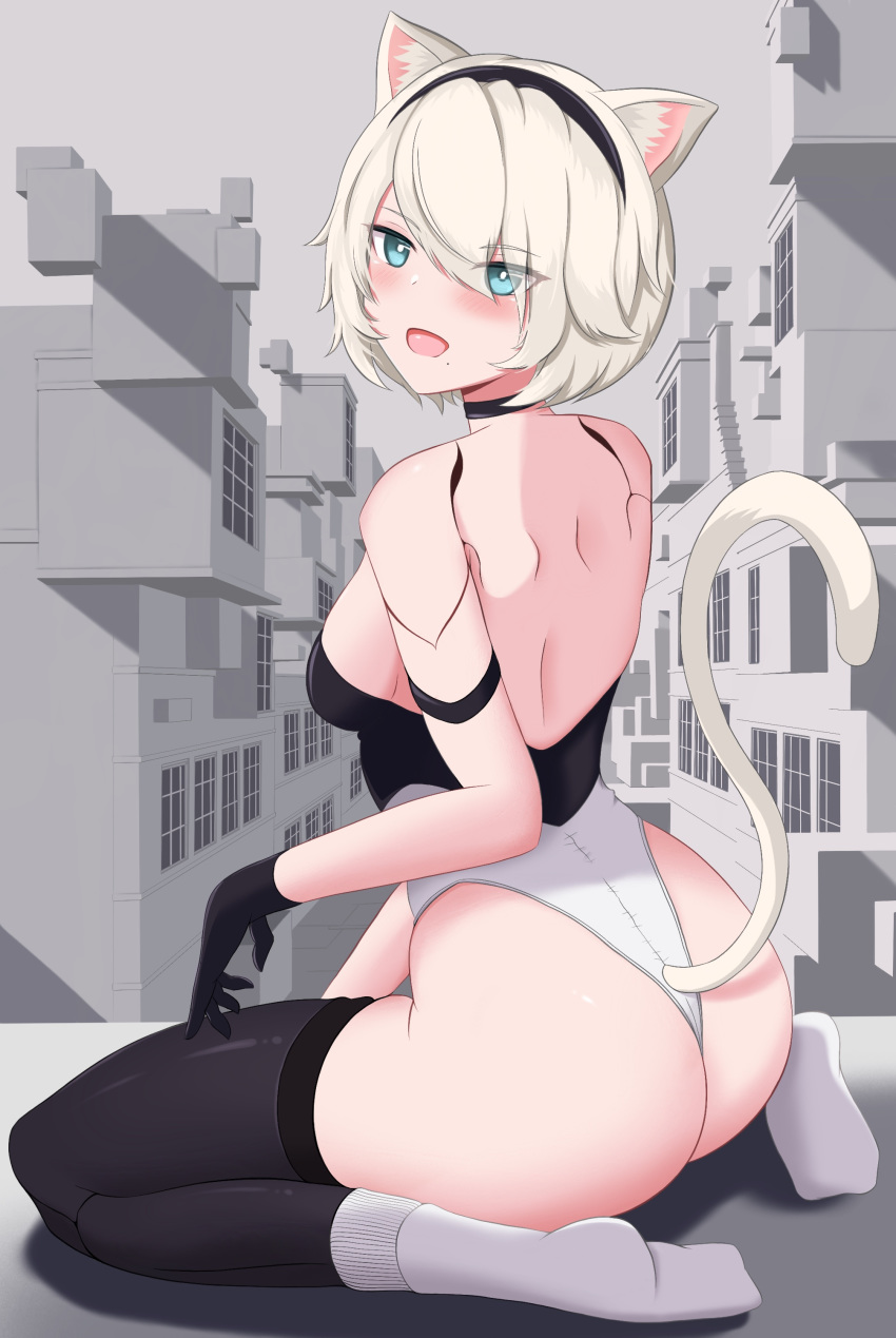 2b_(nier:automata) absurdres android animal_ears ass back bad_id bad_pixiv_id black_thighhighs blue_eyes blush breasts bustier cat_ears cat_tail city feline female gloves headband highres joints medium_breasts nicksuslin nier:automata nier_(series) open_mouth robot_joints self-upload short_hair socks solo tail thighhighs white_hair