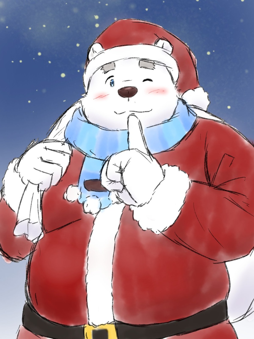 2020 3:4 anthro bear belly black_nose christmas christmas_clothing christmas_headwear clothing fur hat headgear headwear hi_res holidays humanoid_hands kemono male mammal one_eye_closed outside overweight overweight_anthro overweight_male polar_bear santa_claus santa_hat scarf shirane_kan solo ursine utau white_body white_fur wink yaki_atsuage