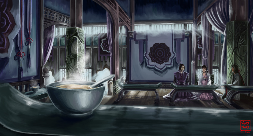 2boys absurdres black_hair bowl brother_and_sister chinese_clothes curtains female food highres indoors jiang_cheng jiang_yanli long_hair modao_zushi multiple_boys redrawn scenery siblings sitting soup watermark wei_wuxian yuyu_finale