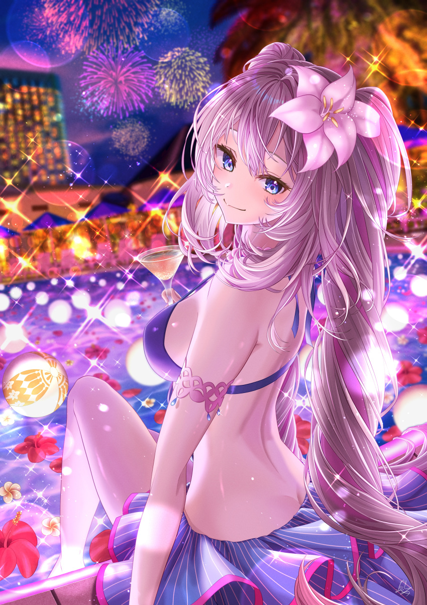 absurdres bare_shoulders bikini blue_bikini blue_eyes blush breasts cocktail_glass cup drinking_glass fate/grand_order fate_(series) female fireworks flower grey_hair hair_flower hair_ornament highres long_hair looking_at_viewer looking_back marie_antoinette_(fate) marie_antoinette_(swimsuit_caster)_(fate) marie_antoinette_(swimsuit_caster)_(third_ascension)_(fate) medium_breasts night night_sky pool sarong sidelocks sitting sky smile solo sparkle swimsuit thighs totomiya twintails very_long_hair