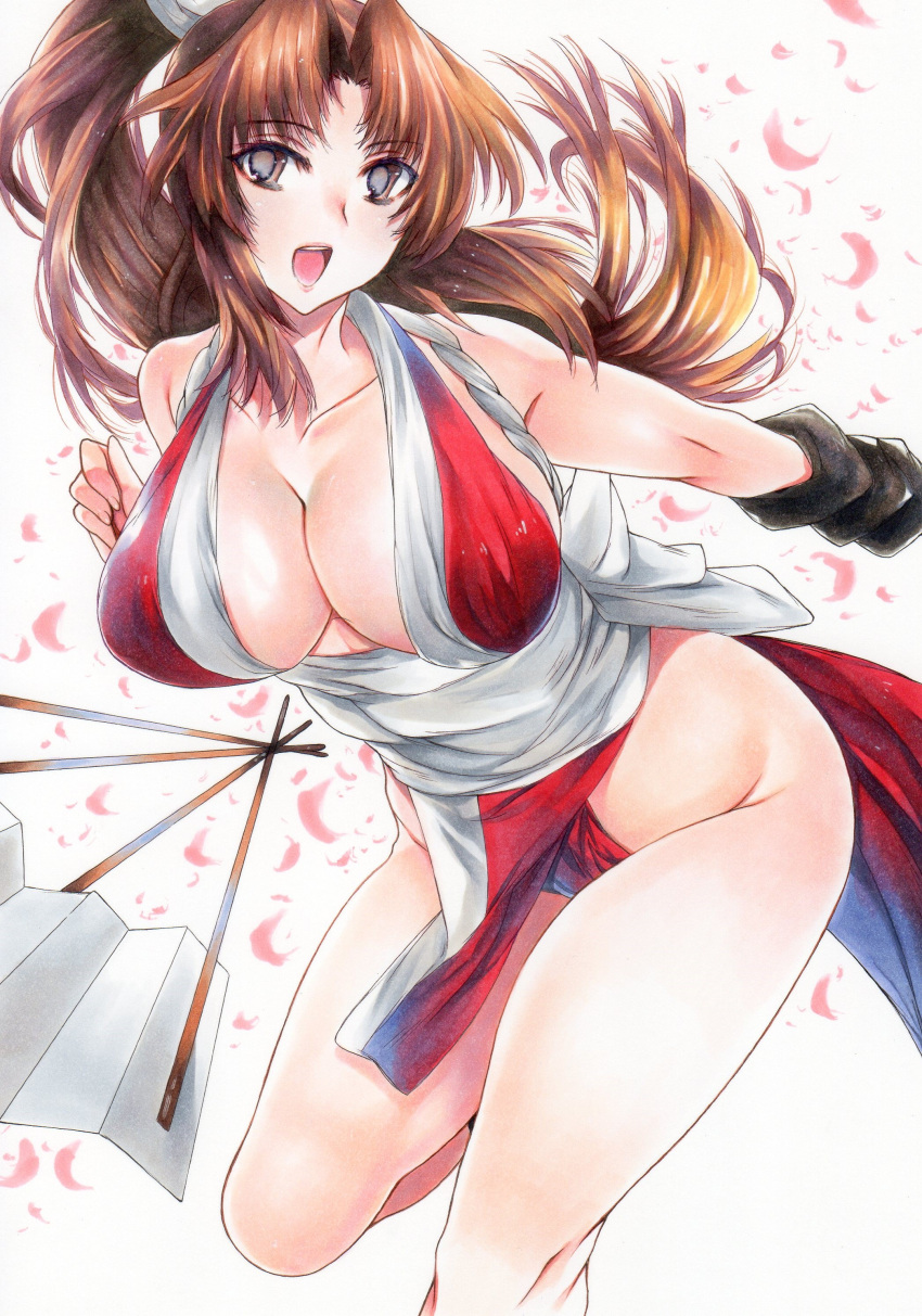 absurdres bare_shoulders blush breasts brown_hair cleavage closed_mouth fatal_fury female fingerless_gloves gloves highres japanese_clothes large_breasts long_hair looking_at_viewer marker_(medium) ninja parted_bangs pelvic_curtain ponytail red_eyes rozarin shiranui_mai smile socks solo the_king_of_fighters thighs traditional_media