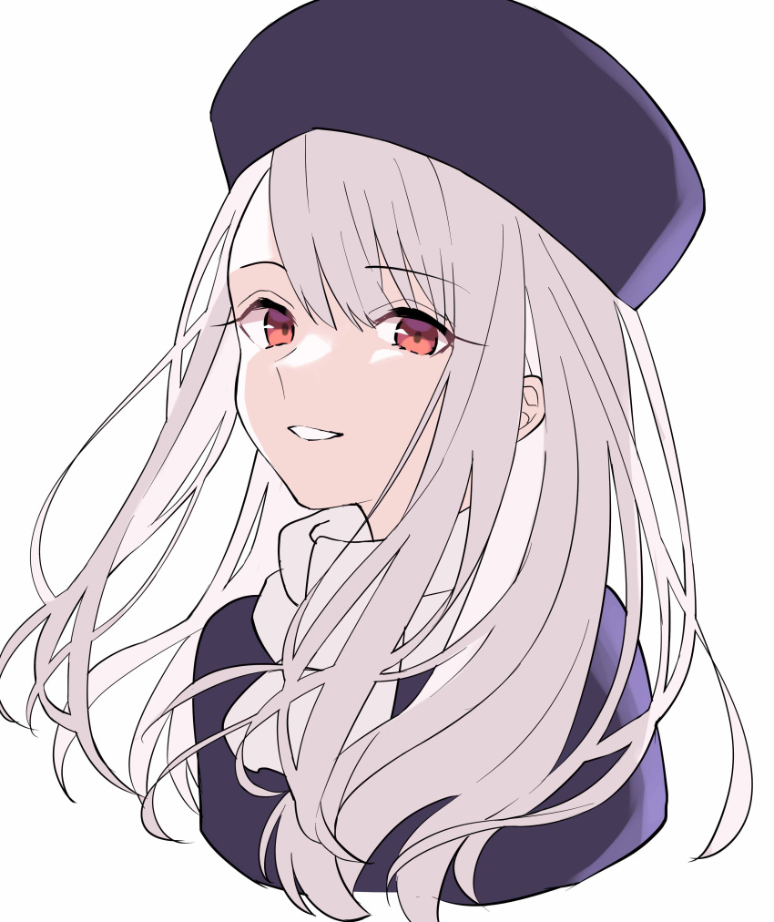 absurdres bad_id bad_pixiv_id commentary_request cropped_shoulders fate/stay_night fate_(series) female fur_hat grey_hair grin hat highres illyasviel_von_einzbern jacket long_hair looking_at_viewer lq_saku papakha parted_lips portrait purple_hat purple_jacket red_eyes simple_background smile solo teeth upper_body white_background