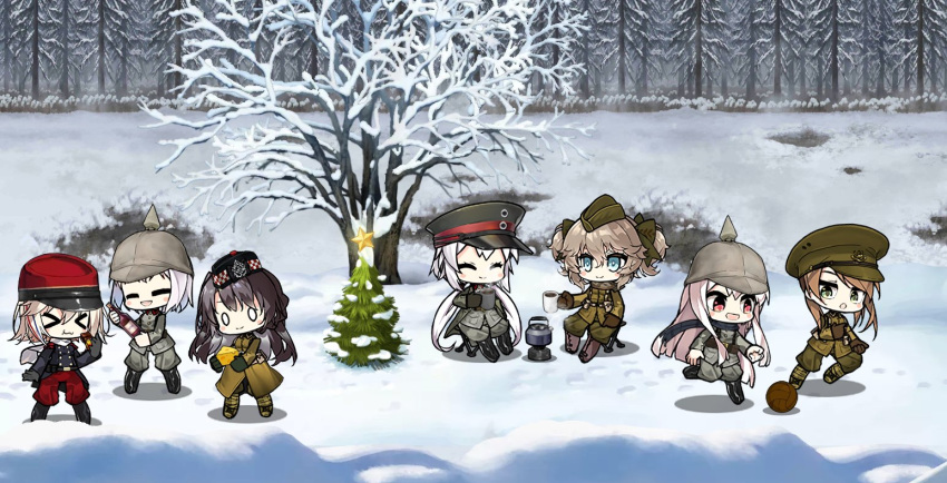 >_< 6+girls ball bare_tree belt belt_pouch black_footwear black_hair blonde_hair boots bottle bow brown_footwear brown_hair c96_(girls'_frontline) chauchat_(girls'_frontline) cheese chibi chocolate christmas christmas_tree closed_eyes coffee coffee_mug commentary crater cup eating english_commentary food garrison_cap girls'_frontline gloves green_eyes grey_hair hair_ornament hairbow hat helmet historical_event holding jacket kar98k_(girls'_frontline) korean_commentary lee-enfield_(girls'_frontline) lewis_(girls'_frontline) long_hair military military_uniform mini_hat mug multiple_girls o_o outdoors p08_(girls'_frontline) pickelhaube pouch red_eyes red_hair saru_(style) scarf sidelocks smile snow soccer soccer_ball sprite_art star_(symbol) teapot the_mad_mimic tree truce twintails two_side_up uniform very_long_hair webley_(girls'_frontline) white_hair wine_bottle world_war_i