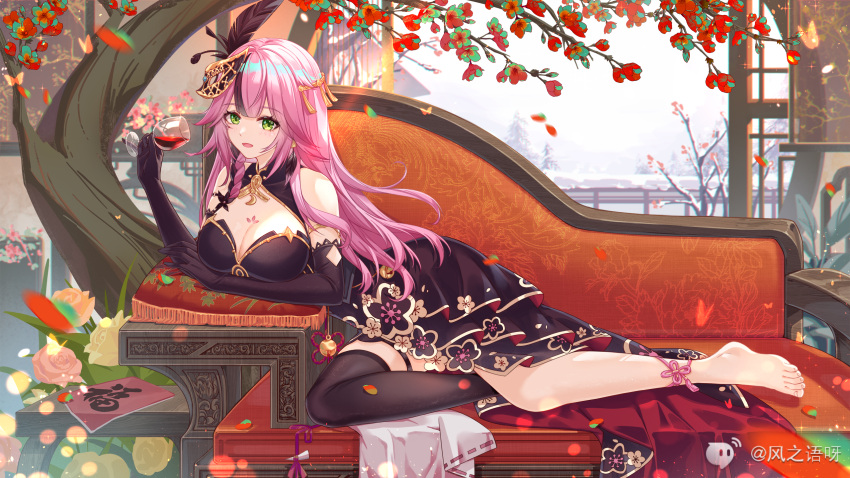 bare_shoulders barefoot black_dress black_gloves black_thighhighs breasts chaise_longue cleavage cleavage_cutout clothing_cutout cup dress drinking_glass elbow_gloves feather_hair_ornament feathers feet female feng_zhi_yu_ya gloves gold_trim green_eyes hair_ornament hand_up highres holding holding_cup lan_(tower_of_fantasy) large_breasts legs long_hair looking_at_viewer lying mask mask_on_head multicolored_hair on_side open_mouth petals pink_hair reclining single_thighhigh sleeveless sleeveless_dress smile solo streaked_hair thighhighs toenails toes tower_of_fantasy tree wine_glass