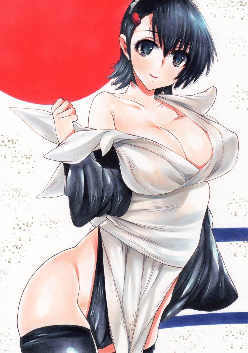 absurdres bandages_over_clothes black_hair blush breasts cleavage collarbone female hair_ornament hairclip highres iroha_(samurai_spirits) large_breasts long_sleeves looking_at_viewer maid maid_headdress marker_(medium) rozarin samurai_spirits short_hair smile solo traditional_media wide_sleeves