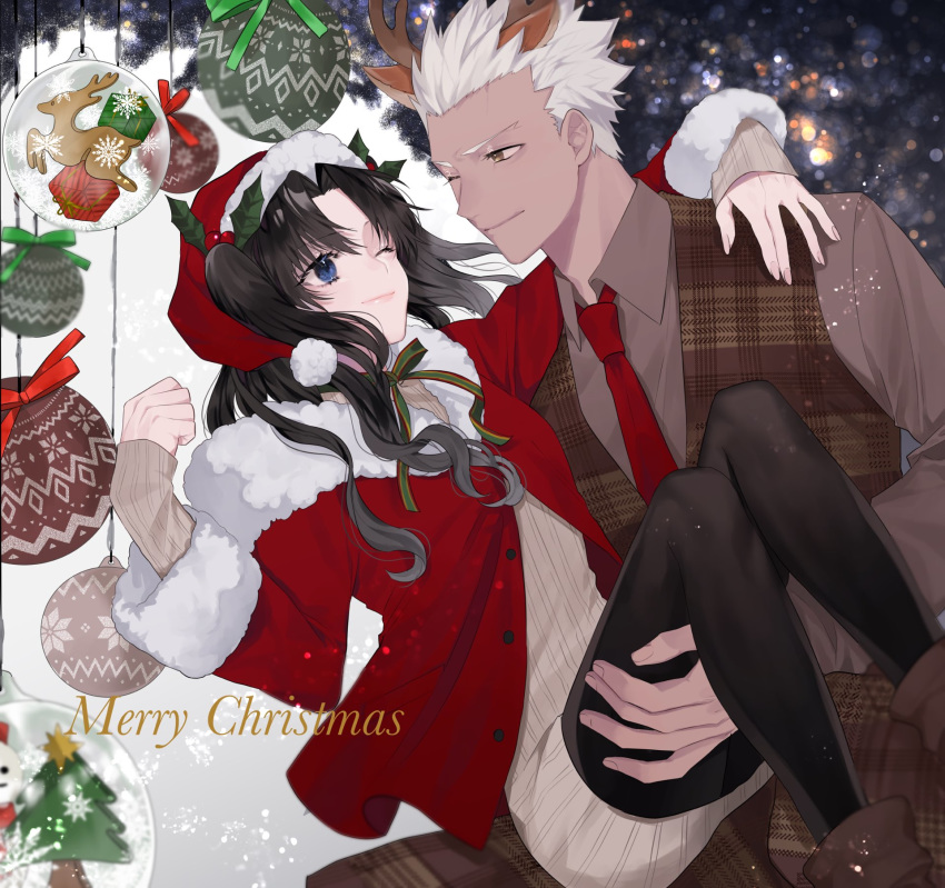 1boy alternate_costume animal_ears antlers archer_(fate) bad_id bad_twitter_id black_hair blue_eyes box brown_eyes brown_shirt buttons carrying christmas christmas_ornaments christmas_tree closed_mouth commentary_request dark-skinned_male dark_skin deer_ears english_text fake_animal_ears fate/stay_night fate_(series) female fur-trimmed_headwear fur-trimmed_jacket fur-trimmed_sleeves fur_trim gift gift_box green_ribbons hand_on_another's_shoulder hat highres horns jacket lips long_hair long_sleeves looking_at_another merry_christmas multicolored_ribbon necktie one_eye_closed pantyhose princess_carry red_headwear red_jacket red_necktie red_ribbon reindeer_antlers ribbed_sweater ribbon santa_costume shimatori_(sanyyyy) shirt short_hair smile snowflakes snowman sweater thighhighs tohsaka_rin two_side_up white_hair