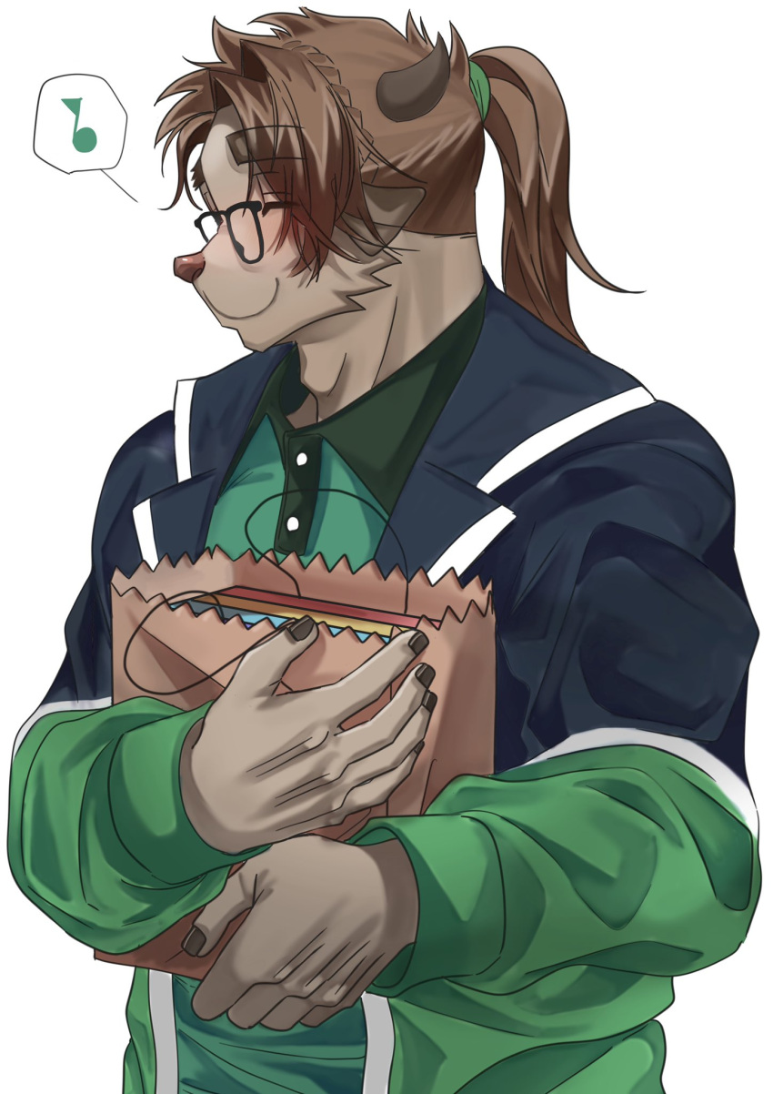 1boy animal_ears bad_id bad_twitter_id bag bara blue_jacket blush brown_hair catoblepas_(housamo) closed_eyes collared_shirt furry furry_male green_jacket green_shirt highres holding holding_bag horns jacket long_hair male_focus multicolored_clothes multicolored_jacket muscular muscular_male musical_note ponytail shirt shopping_bag simple_background smile solo tokyo_afterschool_summoners two-tone_jacket white_background zeroru1111