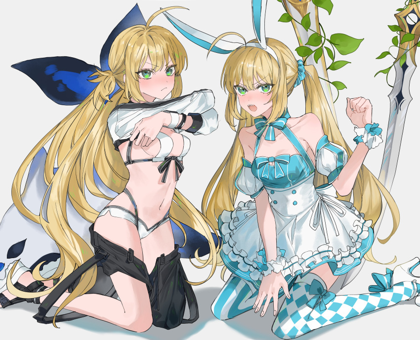 2girls absurdres ahoge animal_ears apron arm_at_side artoria_caster_(fate) artoria_caster_(swimsuit)_(fate) artoria_caster_(swimsuit)_(first_ascension)_(fate) artoria_caster_(swimsuit)_(second_ascension)_(fate) artoria_pendragon_(fate) asymmetrical_clothes asymmetrical_legwear asymmetrical_pants bare_shoulders bikini black_pants black_ribbon blonde_hair blue_bow blue_dress blue_scrunchie blush bow breasts checkered_thighhighs clothes_pull collarbone cropped_jacket detached_sleeves dress dress_bow dual_persona embarrassed fate/grand_order fate_(series) footwear_bow frilled_apron frills green_eyes grey_background hair_ornament hair_scrunchie halterneck hand_up hands_up high_heels highres jacket kneeling long_hair long_sleeves looking_at_viewer mismatched_legwear multiple_girls navel no_headwear open_mouth orca pants pants_pull platform_footwear puffy_short_sleeves puffy_sleeves rabbit_ears ribbon sandals scrunchie sharp_teeth short_sleeves sideboob simple_background single_pantsleg small_breasts striped_clothes striped_jacket striped_ribbon striped_thighhighs swimsuit sword teeth thighhighs twintails vertical-striped_clothes vertical-striped_thighhighs waist_apron weapon white_apron white_bikini white_footwear white_jacket white_wristband wrist_cuffs wristband yurumawari