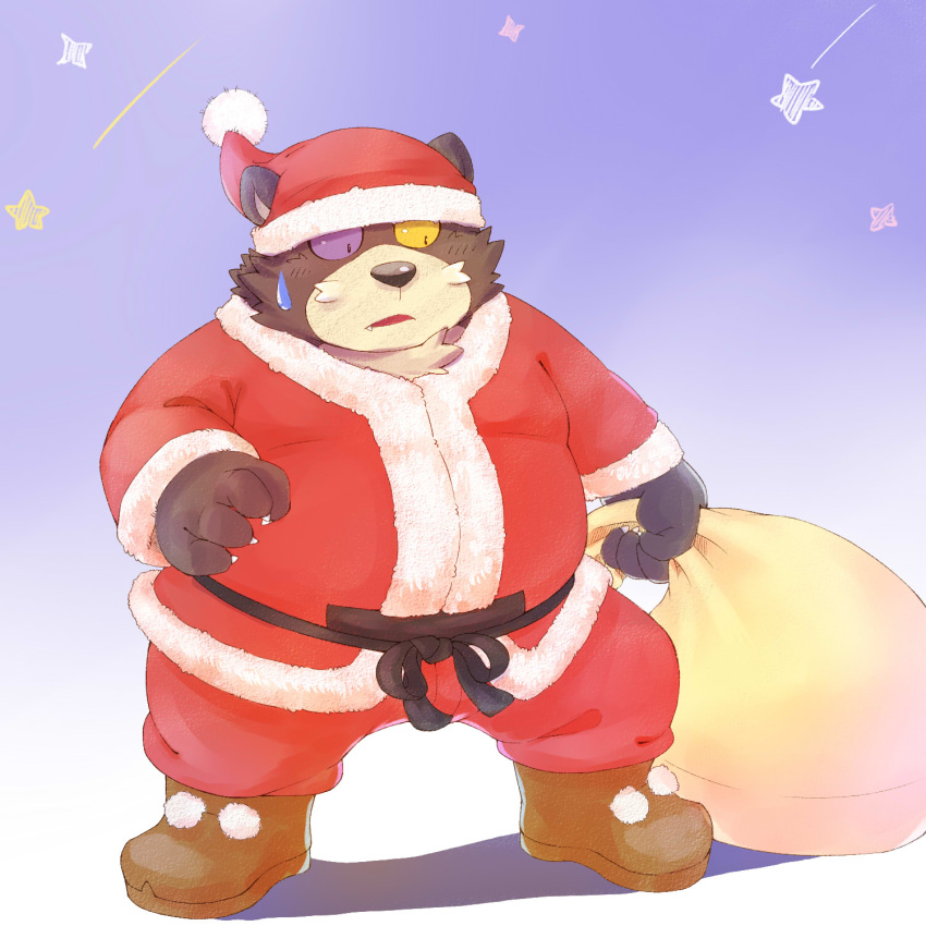 1:1 2020 anthro bear belly bottomwear brown_body brown_fur christmas christmas_clothing christmas_headwear clothing fur furipon hat headgear headwear hi_res holidays kemono male mammal ooe_senbee overweight overweight_anthro overweight_male pants santa_claus santa_hat sengoku_puzzle solo