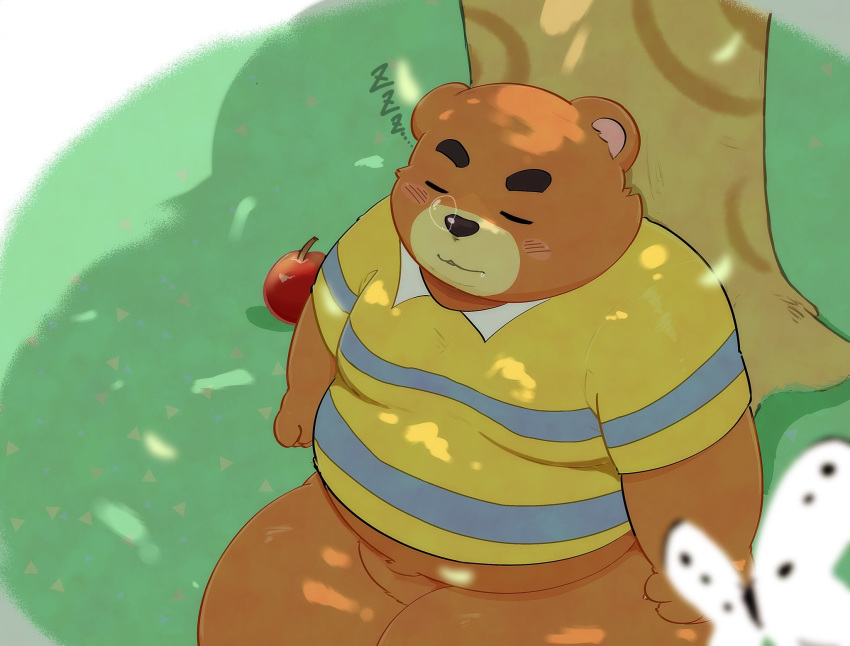 2020 animal_crossing anthro apple bear belly brown_body brown_fur closed_eyes clothing food fruit fur hi_res kemono kwzu male mammal nintendo overweight overweight_anthro overweight_male plant shirt solo teddy_(animal_crossing) topwear