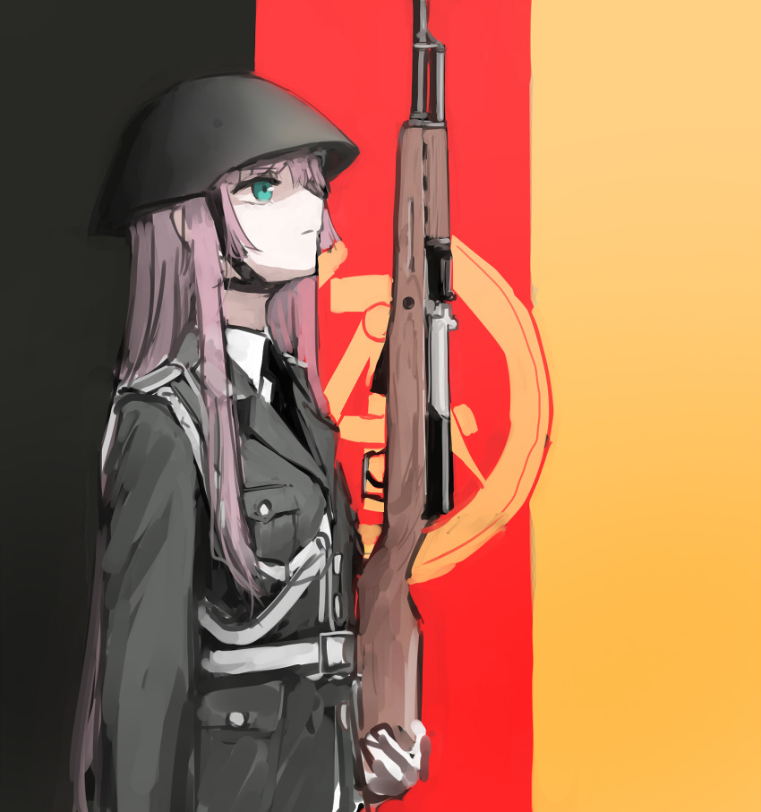 alternate_costume belt blue_eyes commentary dated_commentary east_german east_german_flag female flag_background girls'_frontline gloves gun helmet highres holding holding_weapon jacket long_hair long_sleeves military military_uniform nationale_volksarmee necktie pink_hair rampart1028 rifle sidelocks simonov_(girls'_frontline) sks solo stahlhelm_m1956 uniform upper_body very_long_hair weapon white_gloves