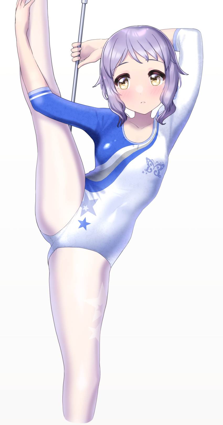 athletic_leotard commentary_request feet_out_of_frame female gymnastics highres idolmaster idolmaster_million_live! kneepits ktsecond leotard makabe_mizuki multicolored_leotard pantyhose purple_hair rhythmic_gymnastics short_hair simple_background solo split standing standing_on_one_leg standing_split star_(symbol) star_print twirl_baton two-tone_leotard white_background white_leotard white_pantyhose yellow_eyes