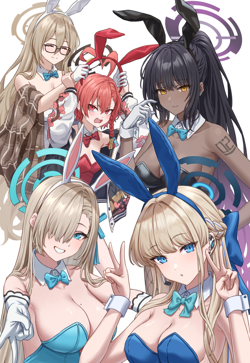 5girls ^_^ absurdres akane_(blue_archive) akane_(bunny)_(blue_archive) animal_ears aqua_bow aqua_bowtie asuna_(blue_archive) asuna_(bunny)_(blue_archive) black-framed_eyewear blonde_hair blue_archive blue_eyes blue_leotard blush bow bowtie breasts cleaning_&_clearing_(blue_archive) cleavage closed_eyes commentary dark-skinned_female dark_skin detached_collar double_v fake_animal_ears glasses gloves gyaru_v halo highres karin_(blue_archive) karin_(bunny)_(blue_archive) leotard long_hair looking_at_viewer multiple_girls neru_(blue_archive) neru_(bunny)_(blue_archive) official_alternate_costume playboy_bunny rabbit_ears simoumi_217 simple_background smile strapless strapless_leotard toki_(blue_archive) toki_(bunny)_(blue_archive) v white_background white_gloves wrist_cuffs