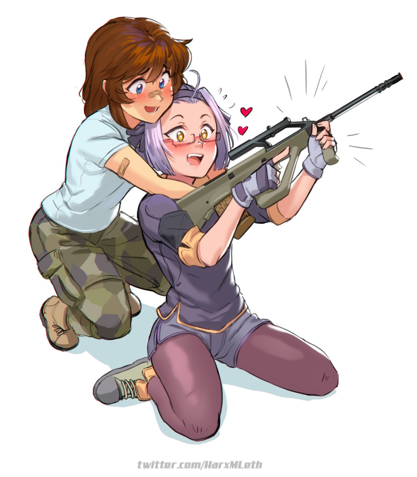 2girls assault_rifle bandaid bandaid_on_face bandaid_on_nose blush boots borrowed_character brooke_(mleth) bullpup camouflage camouflage_pants cargo_pants commentary dolphin_shorts english_commentary freckles full_body glasses gun heart highres holding holding_gun holding_weapon hug hug_from_behind mleth multiple_girls nose_blush original pants pantyhose_under_shorts red-framed_eyewear rifle semi-rimless_eyewear shirt short_hair shorts sitting steyr_aug swedish_uniform t-shirt under-rim_eyewear wariza watermark weapon web_address x95_(jarv) yuri