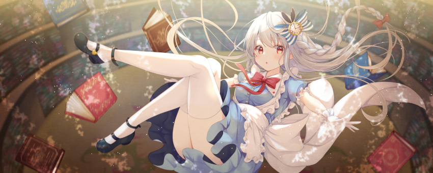 alice_in_wonderland book bow braids dress gomano_rio gray_hair long_hair thighhighs