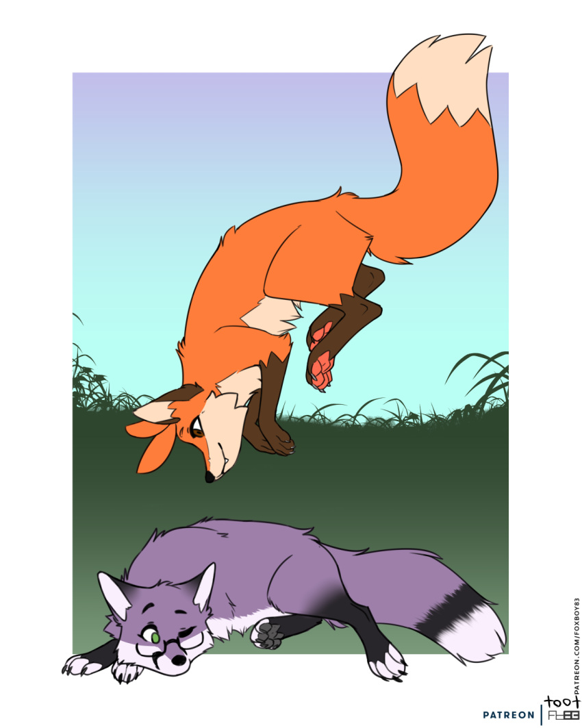 4:5 black_ears black_markings black_nose black_pawpads brown_ears brown_eyes brown_markings canid canine cheek_tuft claws countershading cute_fangs day digital_media_(artwork) dipstick_tail duo eyewear facial_tuft female feral fingerless_(marking) fox foxboy83 foxboy83_(character) fur glasses gloves_(marking) green_eyes hi_res leg_markings lying male mammal markings multicolored_body multicolored_fur one_eye_closed orange_body orange_fur outside pawpads pink_pawpads pounce purple_body purple_fur red_fox rosemary_(tootaloo) socks_(marking) tail tail_markings tootaloo true_fox tuft two_tone_body two_tone_fur white_body white_fur