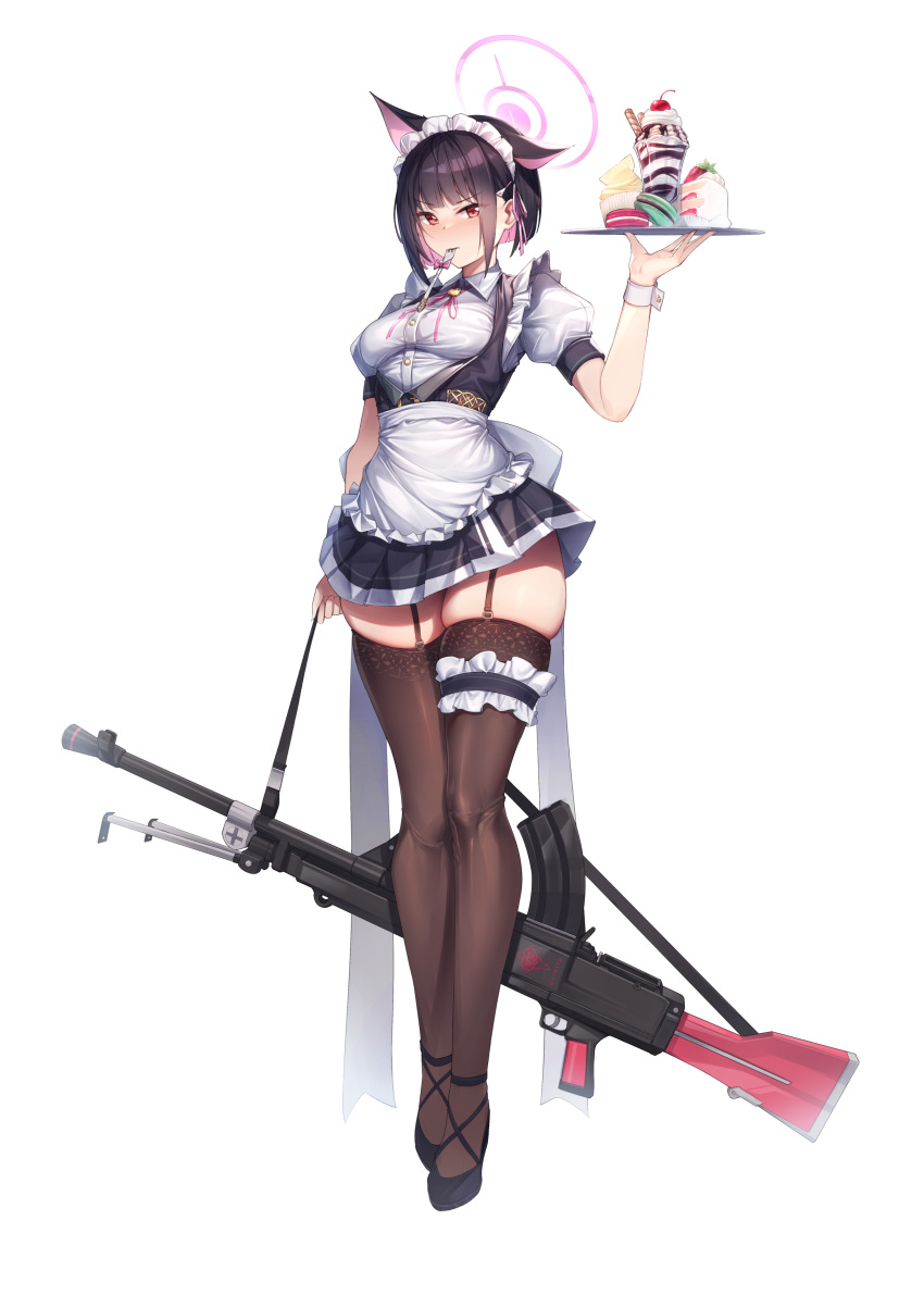 absurdres alternate_costume animal_ears apron black_hair blue_archive bow breasts bren_lmg brown_thighhighs cake cake_slice cat_ears cherry colored_inner_hair dress enmaided extra_ears female food fork fruit full_body garter_straps gun halo high_heels highres holding holding_gun holding_tray holding_weapon ice_cream kazusa_(blue_archive) light_machine_gun looking_at_viewer macaron maid maid_apron maid_headdress medium_breasts mouth_hold multicolored_hair mung_(larnec) pink_hair pink_halo puffy_short_sleeves puffy_sleeves red_eyes revision rifle short_dress short_hair short_sleeves simple_background skindentation solo strap sundae thighhighs thighs tray wafer_stick waist_bow weapon white_background wrist_cuffs zettai_ryouiki