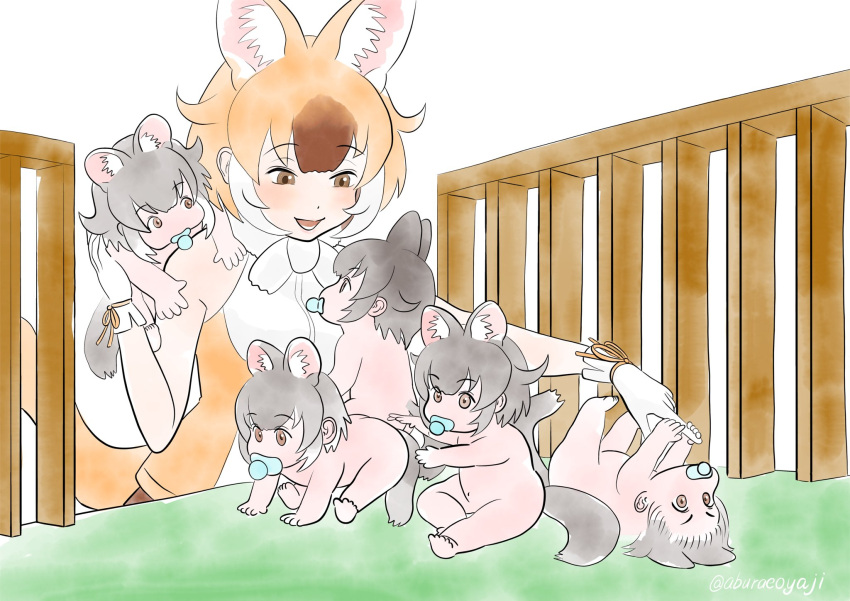 5others aburaeoyaji animal_ears baby baby_carry brown_eyes brown_hair carrying crib dhole_(kemono_friends) dog_ears dog_girl dog_tail extra_ears female fur_collar gloves grey_hair highres holding_baby kemono_friends kemono_friends_3 mother_and_child multiple_others pacifier playing shirt sleeveless sleeveless_shirt tail