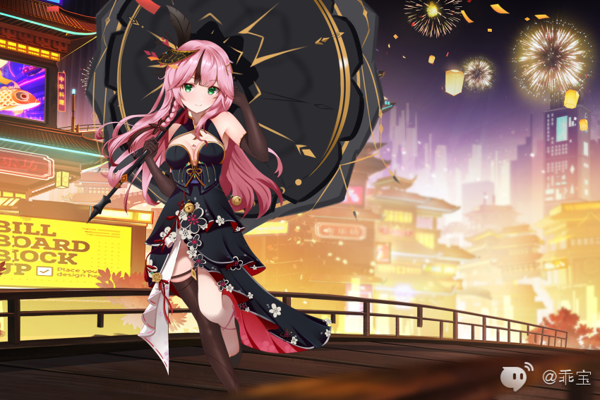 aerial_fireworks armpits bare_shoulders black_dress brown_gloves brown_thighhighs chest_tattoo cityscape closed_mouth dress elbow_gloves feather_hair_ornament feathers female fireworks gloves gold_trim green_eyes guai_bao hair_ornament hand_up highres holding holding_umbrella lan_(tower_of_fantasy) leg_up long_hair looking_at_viewer multicolored_hair pink_hair single_thighhigh sleeveless sleeveless_dress smile solo standing standing_on_one_leg straight_hair streaked_hair tattoo thighhighs tower_of_fantasy umbrella