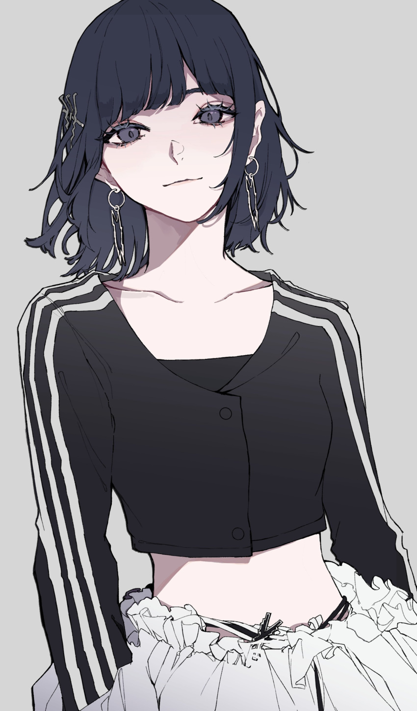 absurdres animification black_eyes black_hair black_shirt collarbone commentary crop_top cropped_shirt earrings female grey_background hair_behind_ear head_tilt highres hoop_earrings jewelry k-pop kim_chae-won le_sserafim midriff official_art orihara_(ewkkyorhr) real_life shirt short_hair skirt smile solo unforgiven_(le_sserafim) white_skirt