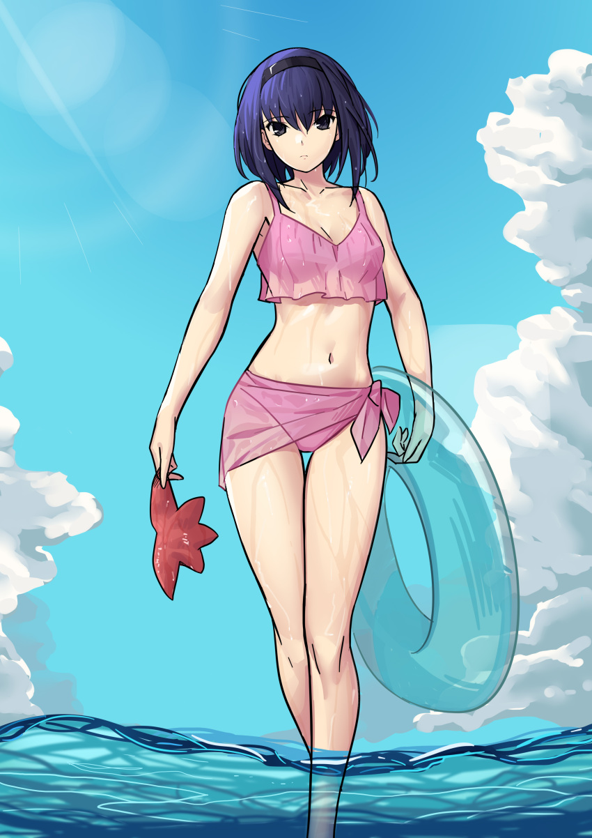 absurdres alternate_costume bikini black_dress black_hair black_hairband blue_sky breasts cleavage cloud collarbone commentary_request cqqz0707 day dress female hair_between_eyes hairband highres holding holding_swim_ring innertube kuonji_alice looking_at_viewer mahou_tsukai_no_yoru navel ocean outdoors pink_bikini pink_sarong sarong see-through short_hair sky small_breasts solo stomach sunlight swim_ring swimsuit wading water wet wet_hair