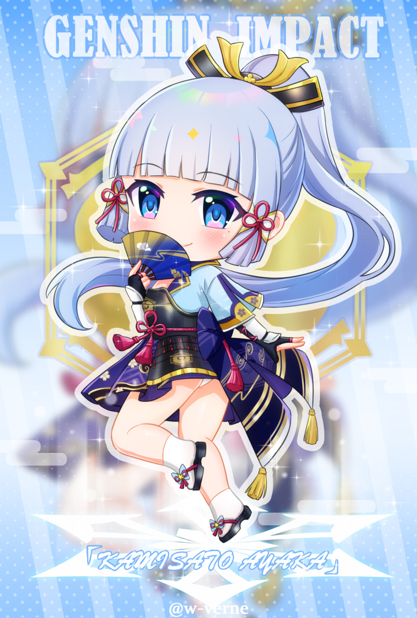 armor armored_dress blue_eyes blunt_bangs chibi chibi_only commentary_request female folding_fan genshin_impact grey_hair hair_ornament hair_ribbon hair_tubes hand_fan highres holding holding_fan japanese_clothes kamisato_ayaka kamisato_clan_(emblem) long_hair looking_at_viewer mixed-language_commentary mole mole_under_eye panties pantyshot ponytail ribbon short_sleeves sidelocks smile solo tress_ribbon underwear w-verne