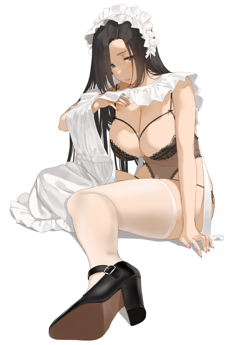 apron apron_lift black_bra black_hair black_panties bra breasts cleavage clothes_lift female full_body grey_eyes high_heels highres lace-trimmed_bra lace_trim large_breasts lifting_own_clothes lingerie long_hair long_sleeves looking_at_viewer maid maid_apron maid_headdress martha_(throtem) nearly_naked_apron original panties red_nails sitting solo thighhighs throtem underwear underwear_only white_thighhighs