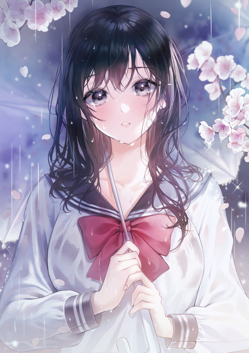 absurdres black_eyes black_hair bow bowtie cherry_blossoms collarbone commentary female highres holding long_hair long_sleeves looking_at_viewer original parted_lips petals sailor_collar school_uniform serafuku shirt solo symbol-only_commentary umbrella upper_body wet wet_clothes wet_shirt white_shirt yuna_(deadawon)