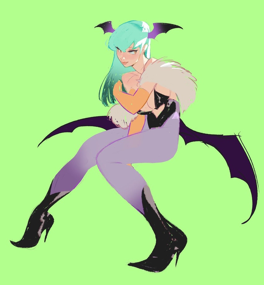 bare_shoulders bat_wings between_legs black_footwear black_leotard boots breasts demon_girl elbow_gloves female fur-trimmed_leotard fur_trim gloves green_background green_hair hair_between_eyes hand_between_legs head_wings high_heel_boots high_heels highleg highleg_leotard horikwawataru invisible_chair leotard long_hair looking_back low_wings morrigan_aensland orange_gloves pantyhose purple_pantyhose purple_wings simple_background sitting solo vampire_(game) wings yellow_eyes