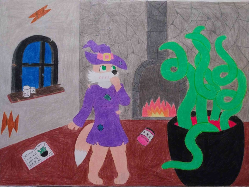 4:3 anthro blush book bottle canid canine cauldron cheek_tuft chemicals clothing container covering covering_mouth facial_tuft feet female fennec_fox fire fireplace fluffy fluffy_tail fox fur green_eyes hat headgear headwear hi_res magic_user mammal moustruct paws purple_clothing purple_hat purple_headwear robe runic_text spellbook stone_wall tail tan_body tan_fur tentacle torn_clothing true_fox tuft wall_(structure) window witch witch_hat zofie_(zofia)