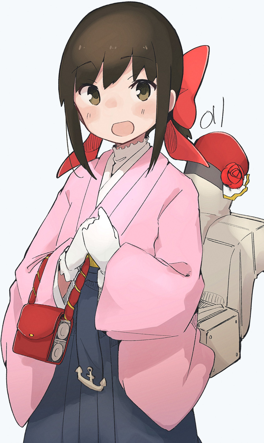 absurdres alternate_costume bag blue_hakama bow brown_eyes brown_hair female flower fubuki_(kancolle) gloves grey_background hairbow hakama handbag highres japanese_clothes kantai_collection kimono looking_at_viewer ma_rukan meiji_schoolgirl_uniform one-hour_drawing_challenge open_mouth pink_kimono red_bow red_flower red_rose rigging rose signature simple_background solo taishou white_gloves wide_sleeves