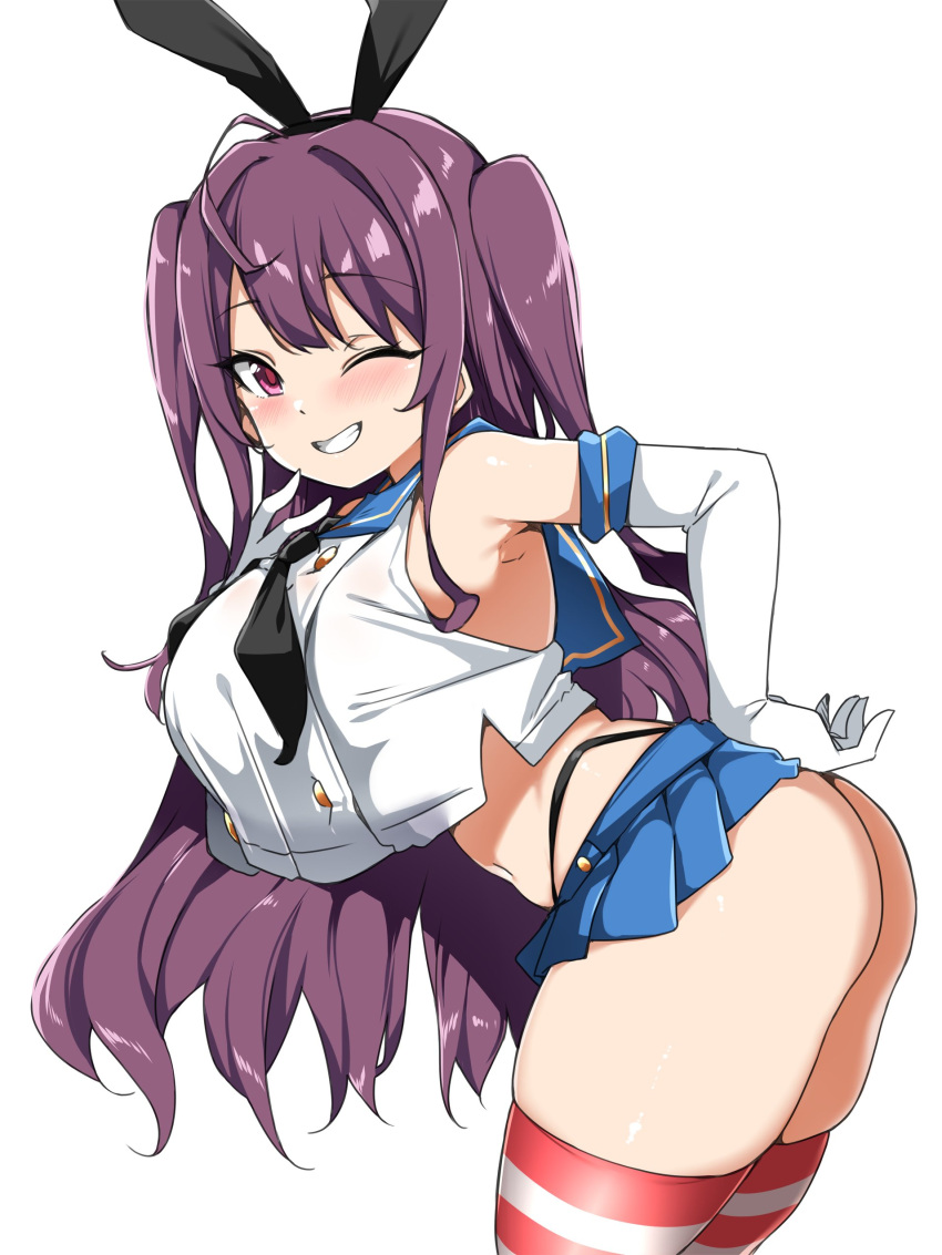 absurdres ass bare_shoulders bebebe_(pepegakii) black_hairband black_neckerchief black_panties blue_sailor_collar blue_skirt blush breasts cosplay crop_top crop_top_overhang elbow_gloves female gloves grin hairband hase_rinon highleg highleg_panties highres kantai_collection large_breasts long_hair looking_at_viewer microskirt navel neckerchief one_eye_closed oppai_loli panties purple_eyes purple_hair sailor_collar shimakaze_(kancolle) shimakaze_(kancolle)_(cosplay) shirt skirt sleeveless sleeveless_shirt smile solo striped_clothes striped_thighhighs tama_project thighhighs thighs thong two_side_up underwear virtual_youtuber white_gloves white_shirt