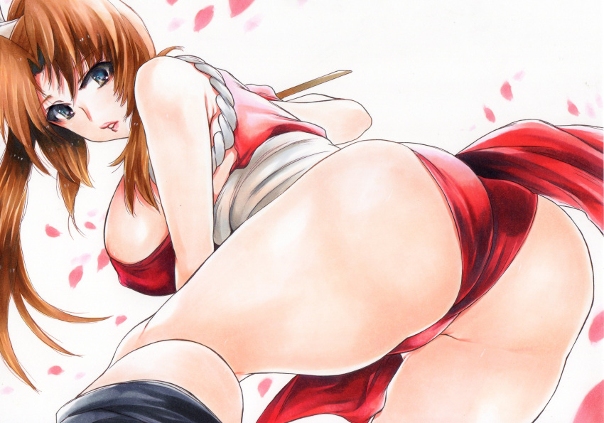 ass bare_shoulders blush breasts brown_hair fatal_fury female highres japanese_clothes large_breasts long_hair looking_at_viewer marker_(medium) ninja parted_bangs pelvic_curtain ponytail red_eyes rozarin shiranui_mai sideboob smile solo the_king_of_fighters traditional_media