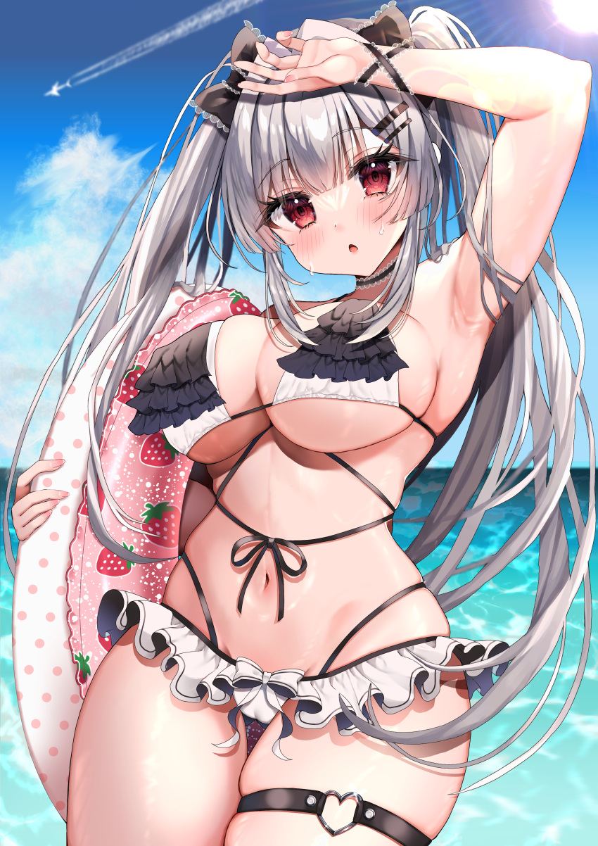 :o absurdres aircraft airplane arm_up armpits bikini black_bikini blunt_bangs blush breasts cameltoe commentary_request contrail curvy day female frilled_bikini frills grey_hair hair_ornament hair_ribbon hairclip highleg highleg_bikini highres holding holding_swim_ring horizon innertube large_breasts looking_at_viewer moe2024 multicolored_bikini multicolored_clothes navel o-ring o-ring_thigh_strap ocean open_mouth original outdoors pink_innertube presenting_armpit red_eyes ribbon sino_rameko solo sun sweat swim_ring swimsuit thigh_strap thighs twintails underboob white_bikini