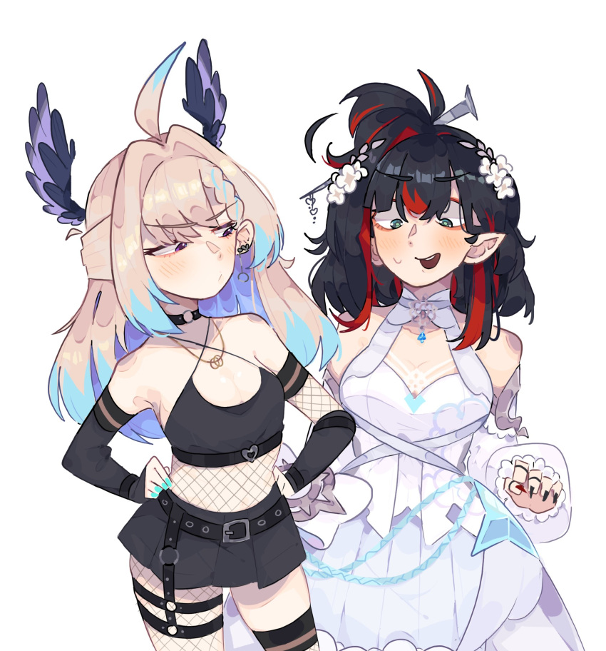 2girls ahoge black_hair black_nails black_skirt blonde_hair brown_eyes choker cosplay costume_switch cowboy_shot dress enna_alouette green_eyes hands_on_own_hips head_wings highres mika_melatika multiple_girls nijisanji nijisanji_en nijisanji_id pointy_ears red_hair simple_background skirt unfamousradish virtual_youtuber white_background white_dress wings