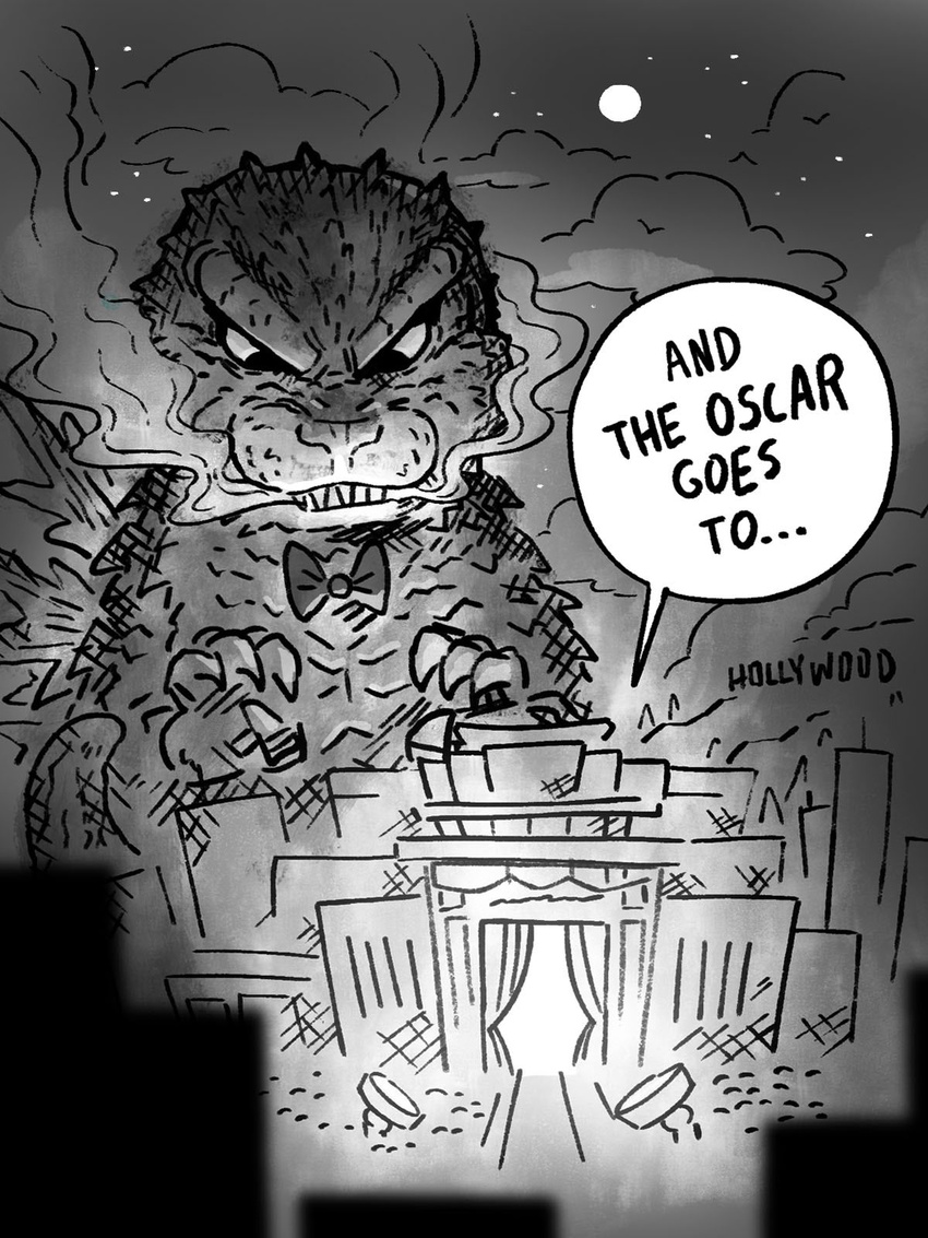 2024 3:4 4_claws academy_awards anthro black_text bow_tie ceremony claws dialogue digital_drawing_(artwork) digital_media_(artwork) english_description english_text godzilla godzilla_(series) godzilla_minus_one greyscale hi_res hollywood humor kaiju looking_down male monochrome moon night open_hand quaziesart scalie scutes sharp_teeth size_difference smoke smoke_from_mouth solo speech_bubble spotlight star teeth text toho